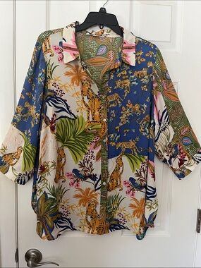 Rose & Olive multi jungle patchwork button blouse leopard floral boho 3/4 slv 1X